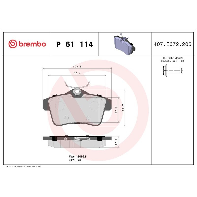 Снимка на Накладки BREMBO XTRA LINE P 61 114X за Citroen DS4 Hatchback 1.6 THP 160 - 163 коня бензин