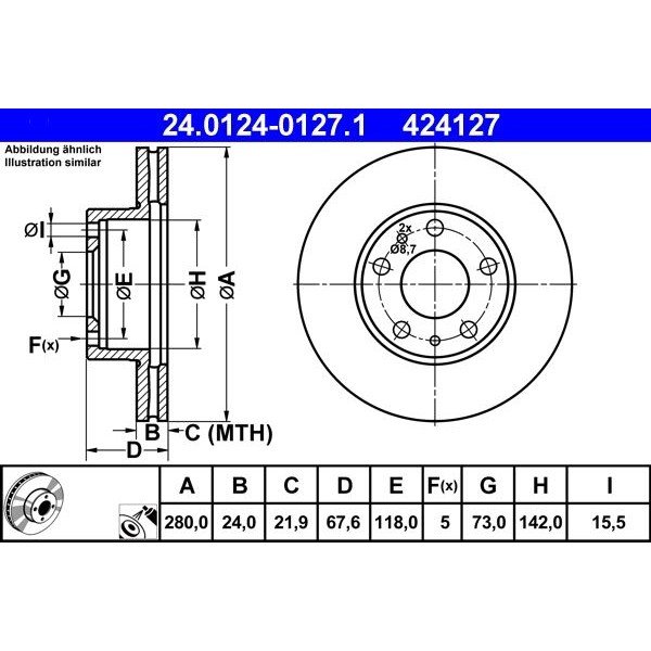 Снимка на Спирачен диск ATE 24.0124-0127.1 за Citroen Jumper BOX 2.2 HDi 130 4x4 - 130 коня дизел