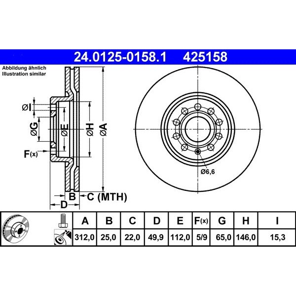 Снимка на Спирачен диск ATE 24.0125-0158.1 за Audi Q3 (F3B) 35 TFSI - 150 коня бензин