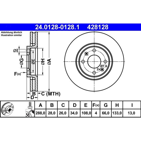 Снимка на Спирачен диск ATE 24.0128-0128.1 за Citroen Xantia X2 3.0 i 24V - 190 коня бензин