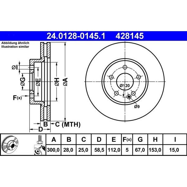 Снимка на Спирачен диск ATE 24.0128-0145.1 за Mercedes MARCO POLO Camper (W447) 250 CDI (447.703, 447.813) - 190 коня дизел