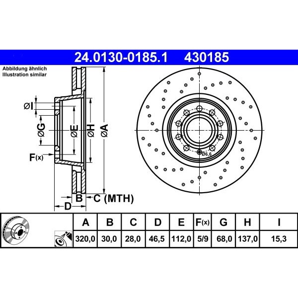 Спирачен диск ATE 24.0130-0185.1 за Audi A4 Avant (8ED, B7) 3.0 TDI quattro  - 233 коня | Спирачни дискове