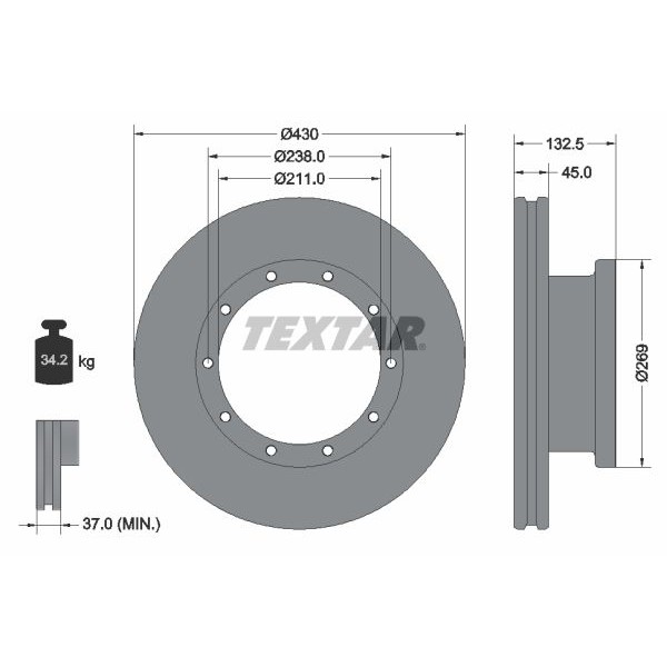 Снимка на Спирачен диск TEXTAR 93186700 за камион Mercedes Actros MP2, MP3 3241 L - 408 коня дизел