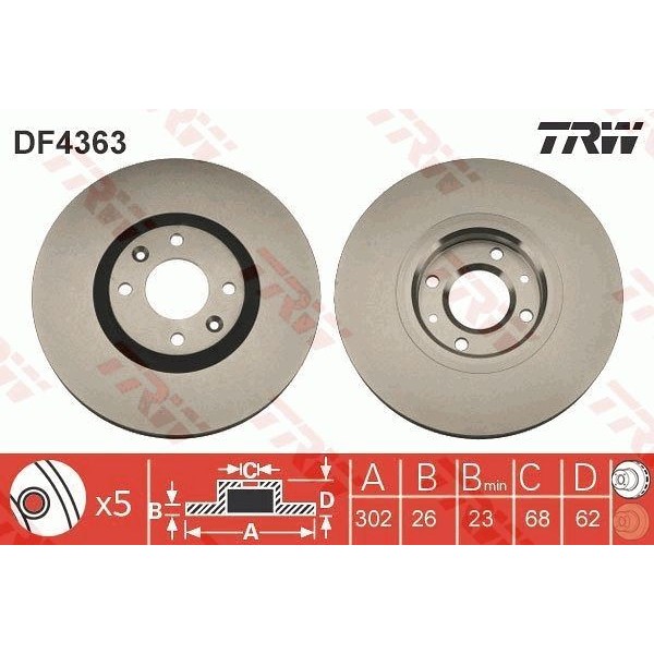 Спирачен диск TRW черен DF4363 за Peugeot 307 (3A,C) 2.0 HDi 135 - 136 коня  | Спирачни дискове
