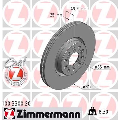 Снимка на Спирачен диск ZIMMERMANN COAT Z 100.3300.20 за Audi Q3 (F3B) 35 TFSI - 150 коня бензин