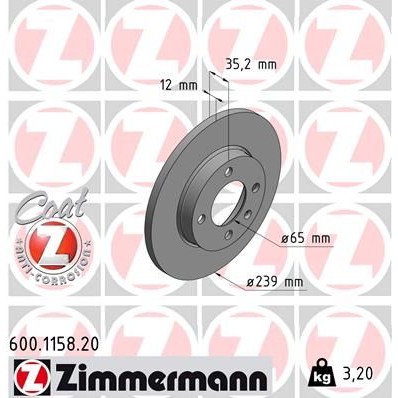 Снимка на Спирачен диск ZIMMERMANN COAT Z 600.1158.20 за Seat Ibiza 2 (6K2) 1.6 i - 75 коня бензин