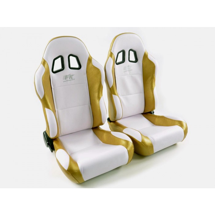 Снимка на Спортни седалки комплект 2 бр. Miami еко кожа бели златни FK Automotive FKRSE010069 за CHEVROLET BEAT M300 1.2 LPG - 82 коня Бензин/Автогаз(LPG)