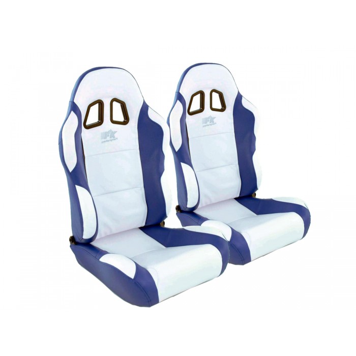 Снимка на Спортни седалки комплект 2 бр. Miami еко кожа бели/сини FK Automotive FKRSE010063 за Mitsubishi Shogun (L04G,L14G) 2.3 TD (L043G, L048G) - 84 коня дизел